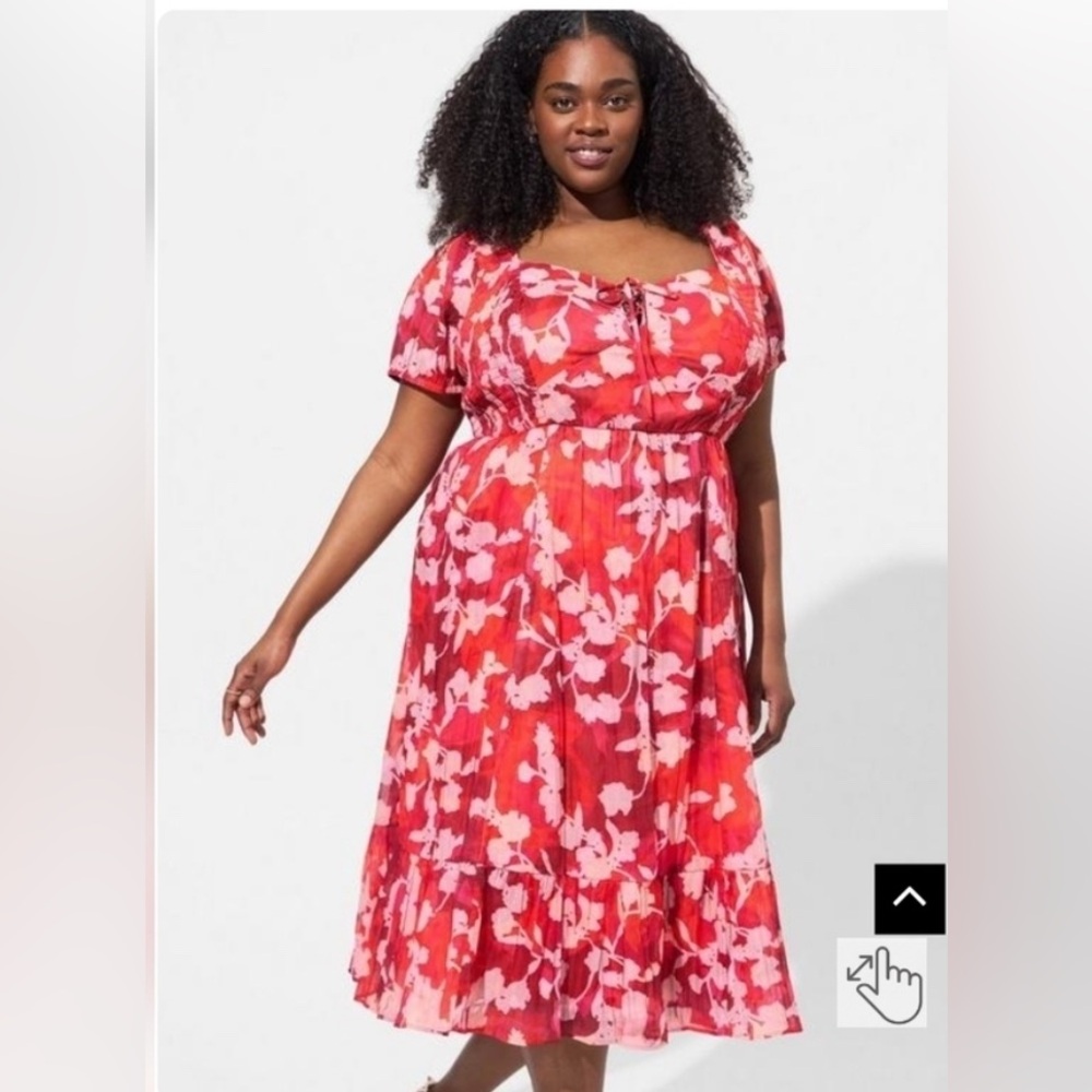NWT: Torrid Midi Dress, red floral  smocked plus size 1x